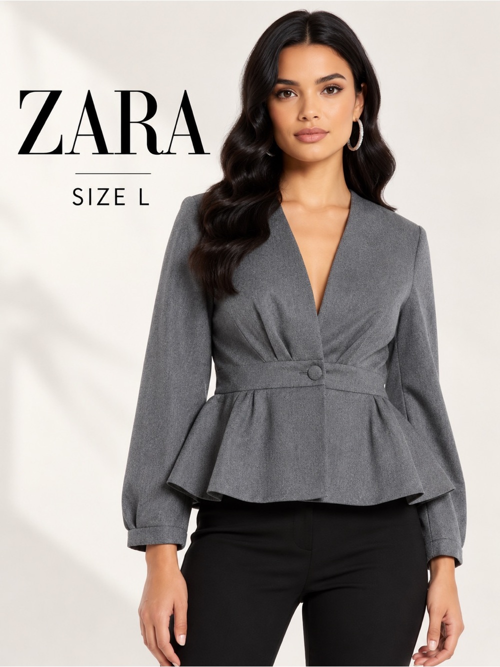Zara Grey Peplum Blazer Pleated V-Neck Career Jacket Size L